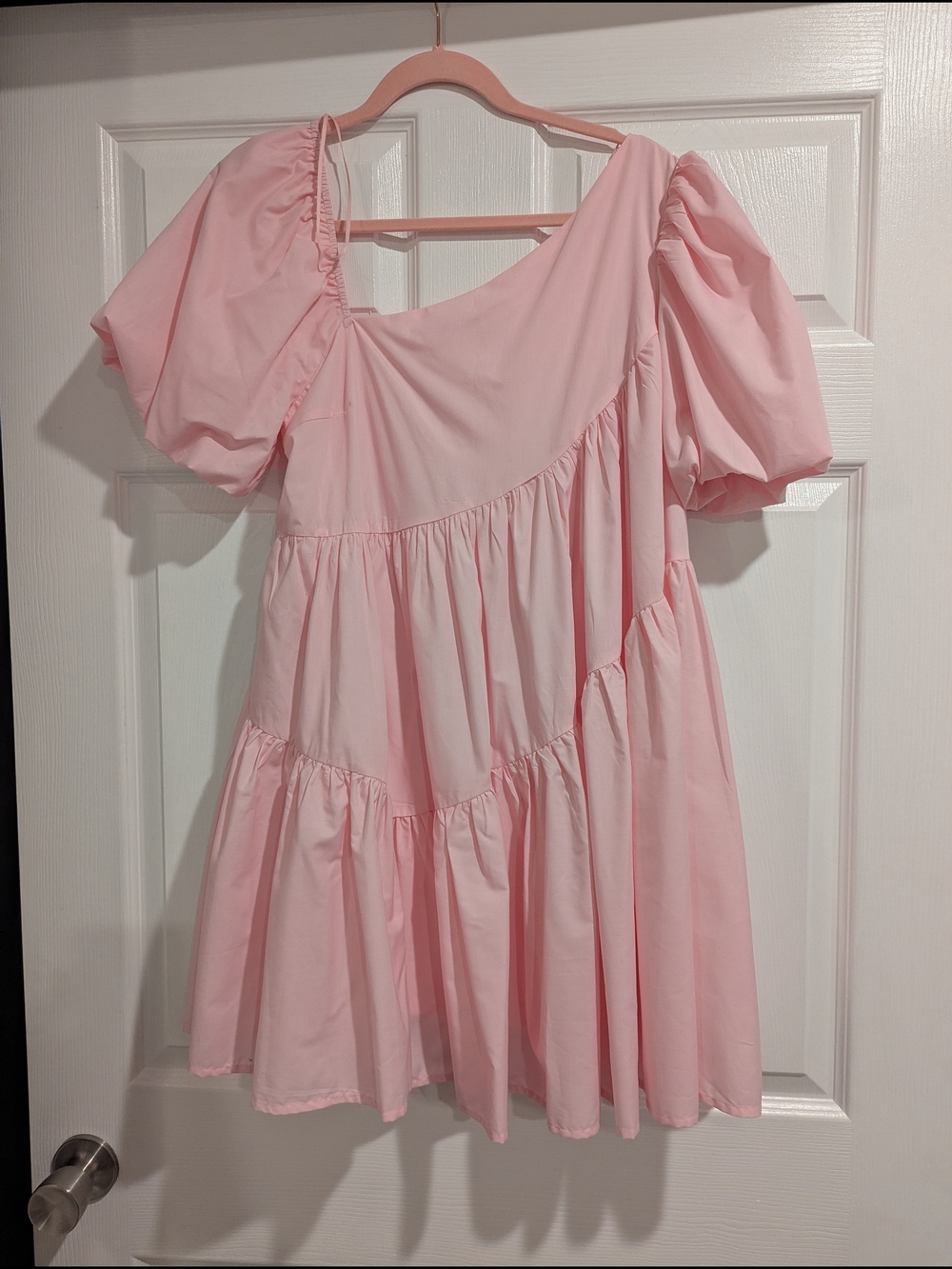 Soft Pink One-Shoulder Puff Sleeve Dress